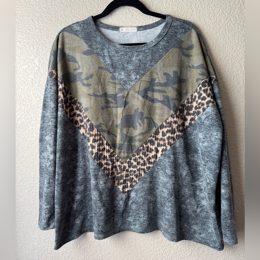 FSL Apparel Gray Camo and Leopard Print Sweater